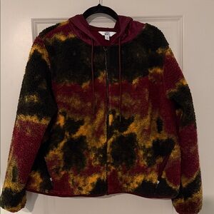 JoyLab Tie-Dye Sherpa Zip Hoodie Jacket in Maroon, Black & Mustard
